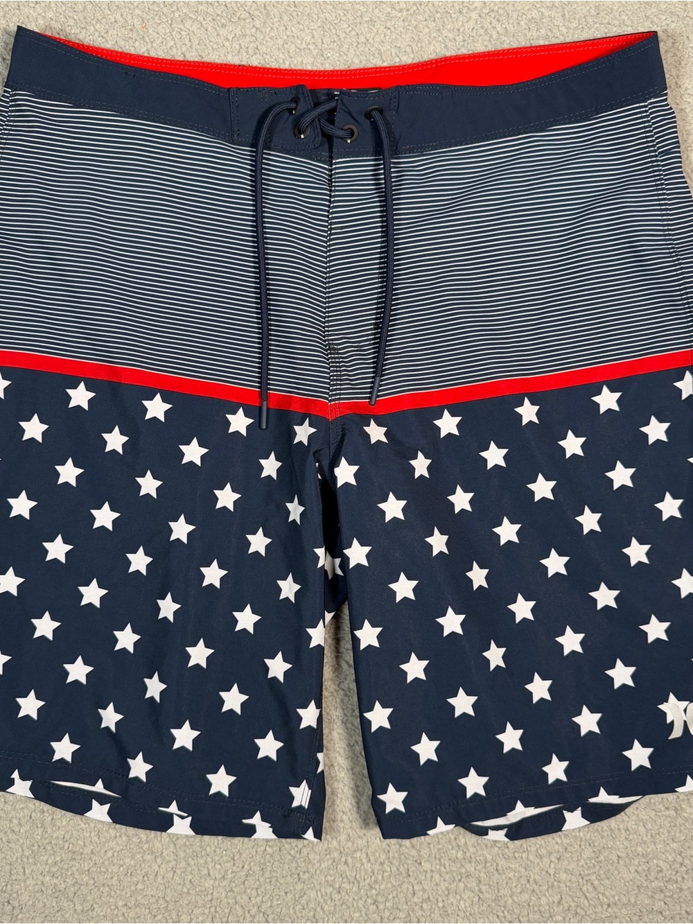 Hurley Navy and White Star Print Swim Board Shorts Red Stripe